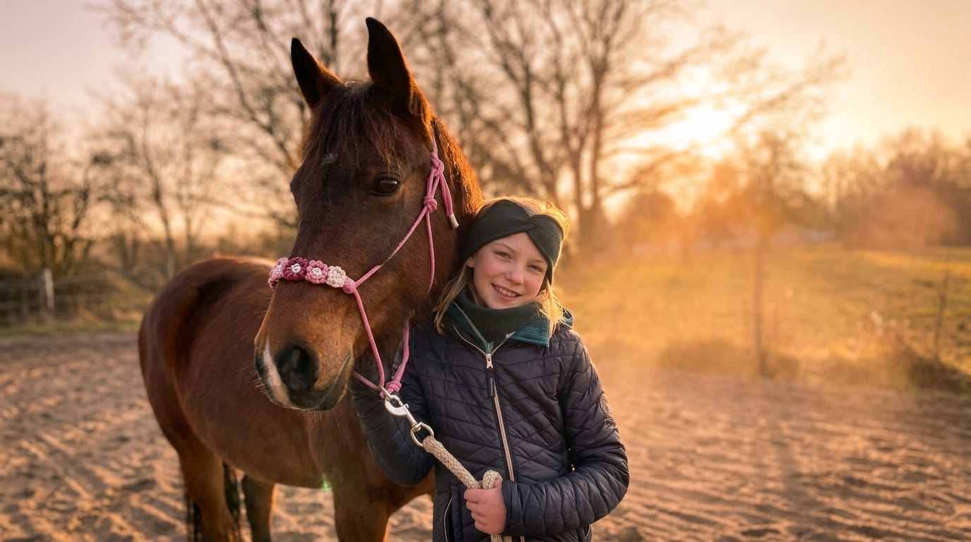 Ein Kind steht mit einem braunen Pferd auf dem Reitplatz im warmen Licht der tief stehenden Sonne.