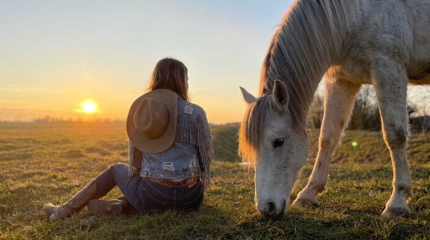 Eine Person mit Cowboyhut sitzt im Gras neben einem grasenden hellen Pferd, dahinter geht die Sonne unter.