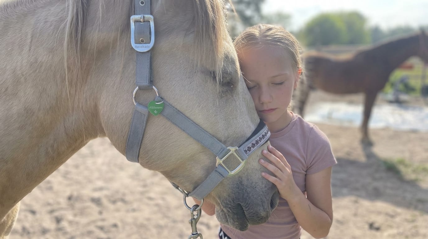 Ein Mädchen lehnt mit geschlossenen Augen den Kopf an ein helles Pferd mit Halfter.