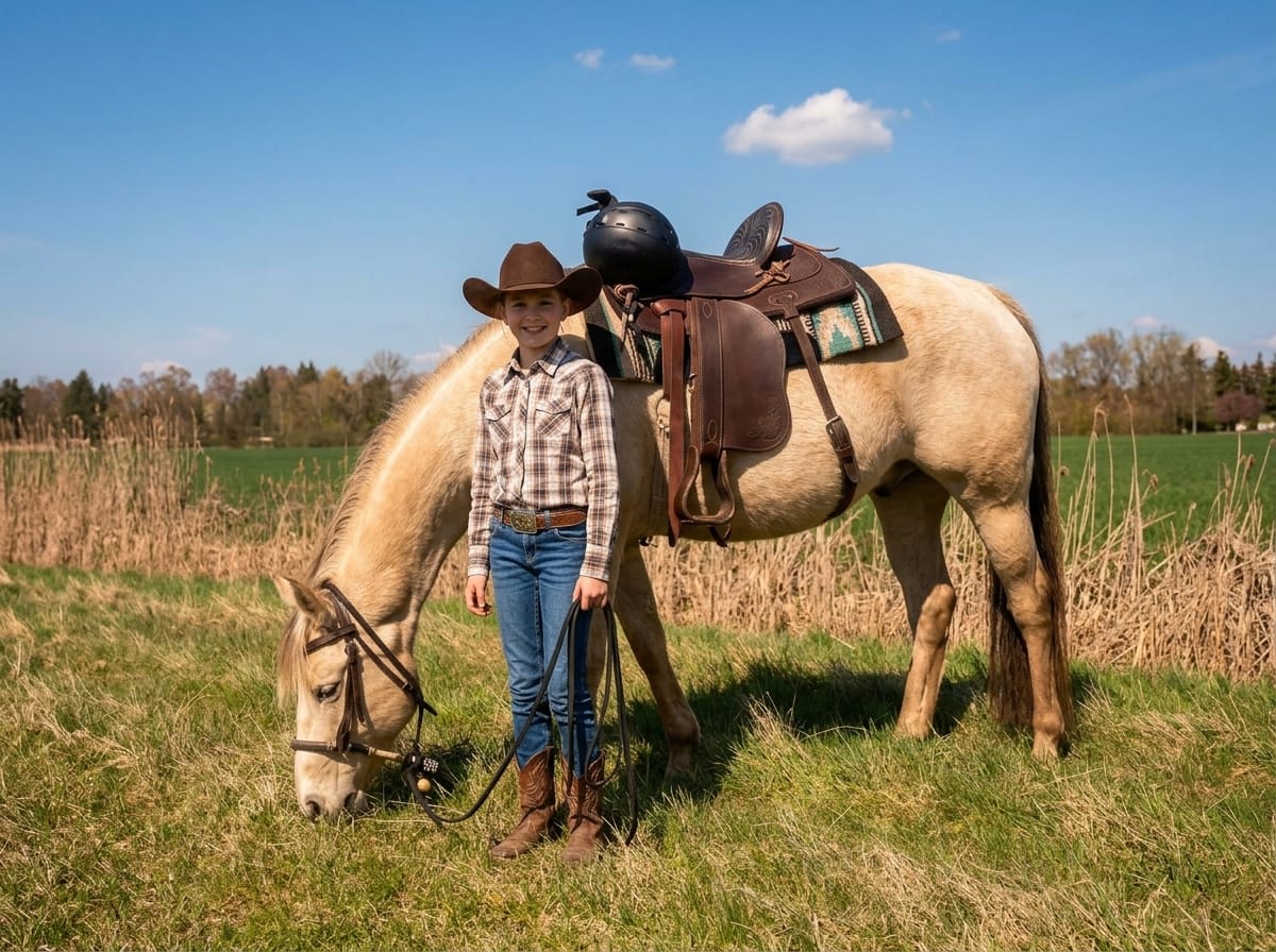 Ein Kind mit Cowboyhut und kariertem Hemd steht neben einem gesattelten hellen Pferd auf einer Wiese.