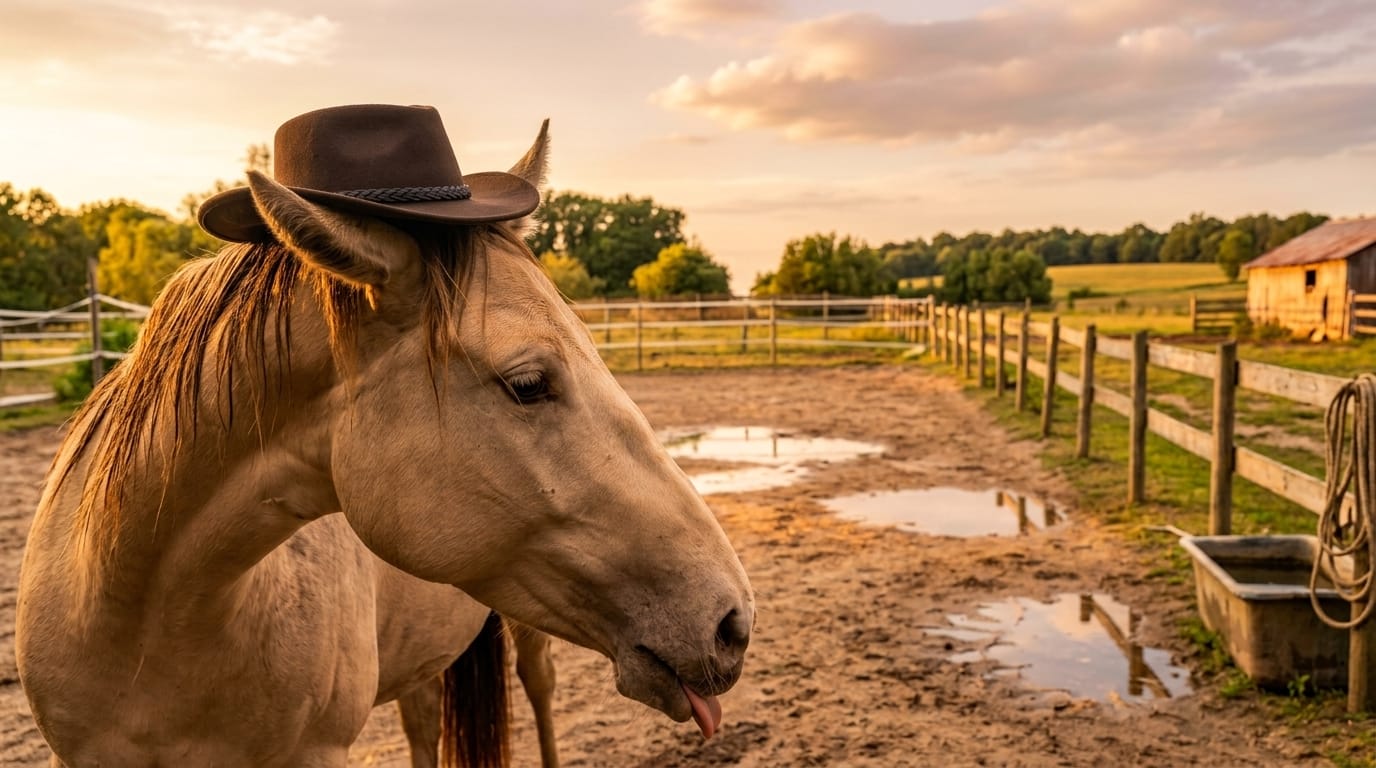 Ein Pferd mit Cowboyhut auf dem Kopf steht vor einem Reitplatz im Abendlicht.
