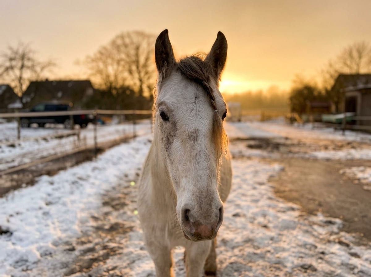 Ein helles Pferd blickt auf verschneitem Boden frontal in die Kamera, hinter ihm goldenes Licht.